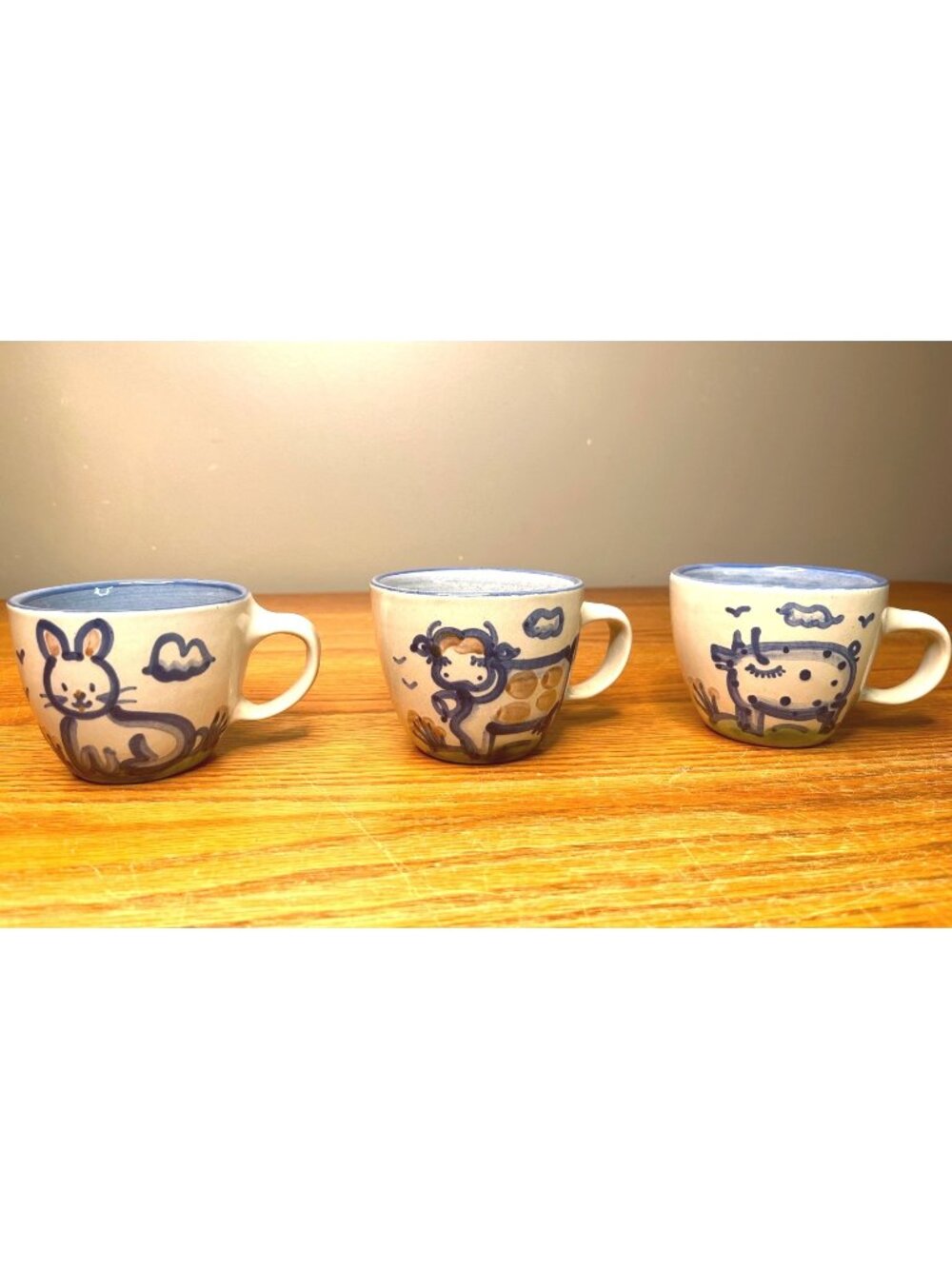 Set of 3 MA Hadley Country Scene Blue Coffee/ Tea Flat Cup Cow, Pig, Bunny Desig